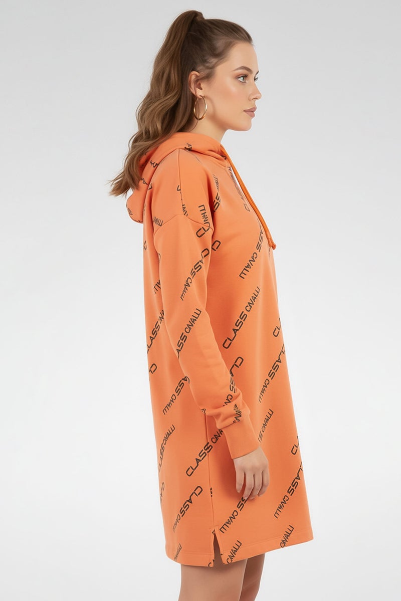 Cavalli Class Women Allover Print Long Sleeve Sweater Dress, Orange - Image 3